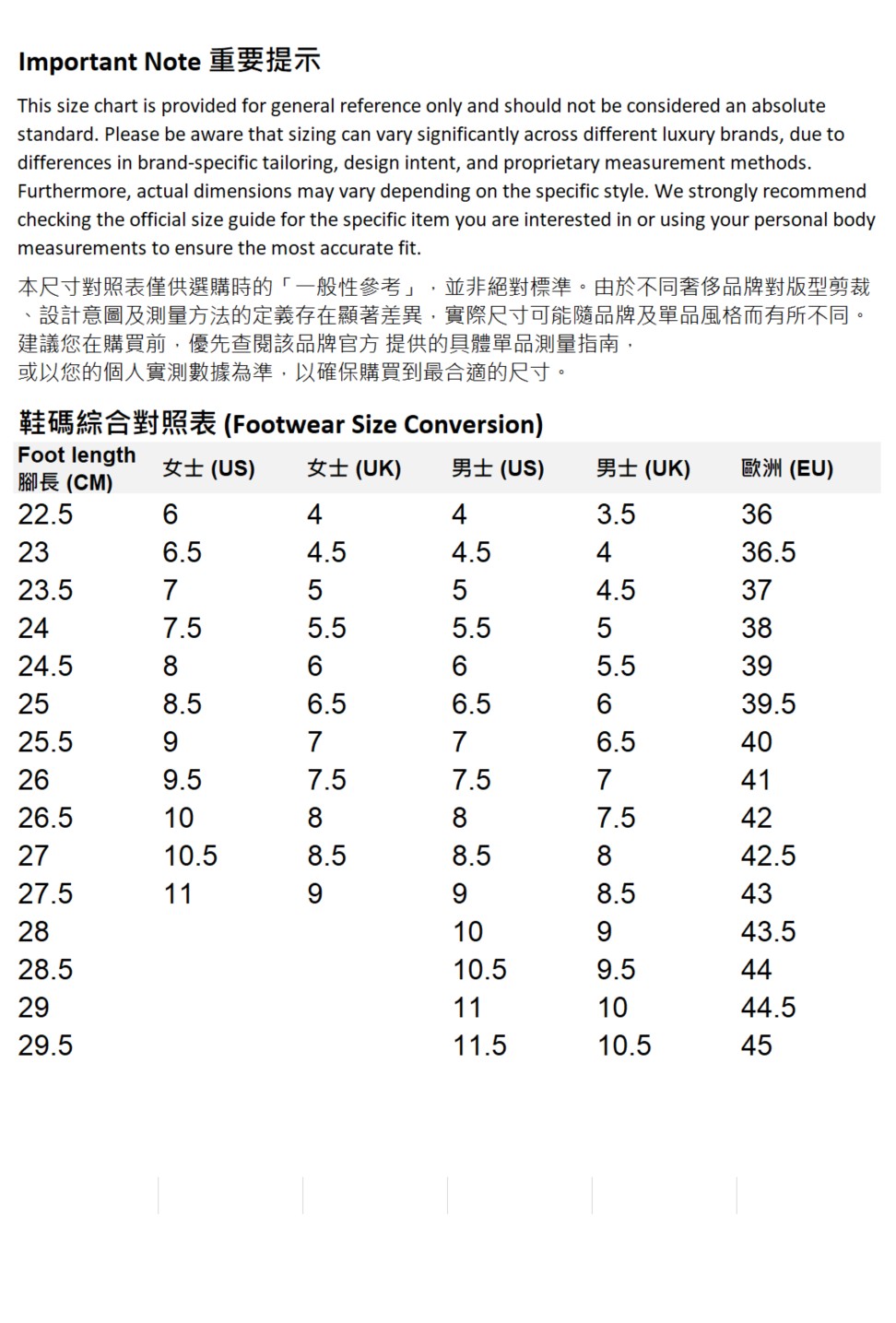 尺碼表